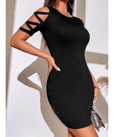 Women's Cut Out Crisscross Short Sleeve Rib Knit Bodycon Mini Pencil Dress Black $12.25 Dresses