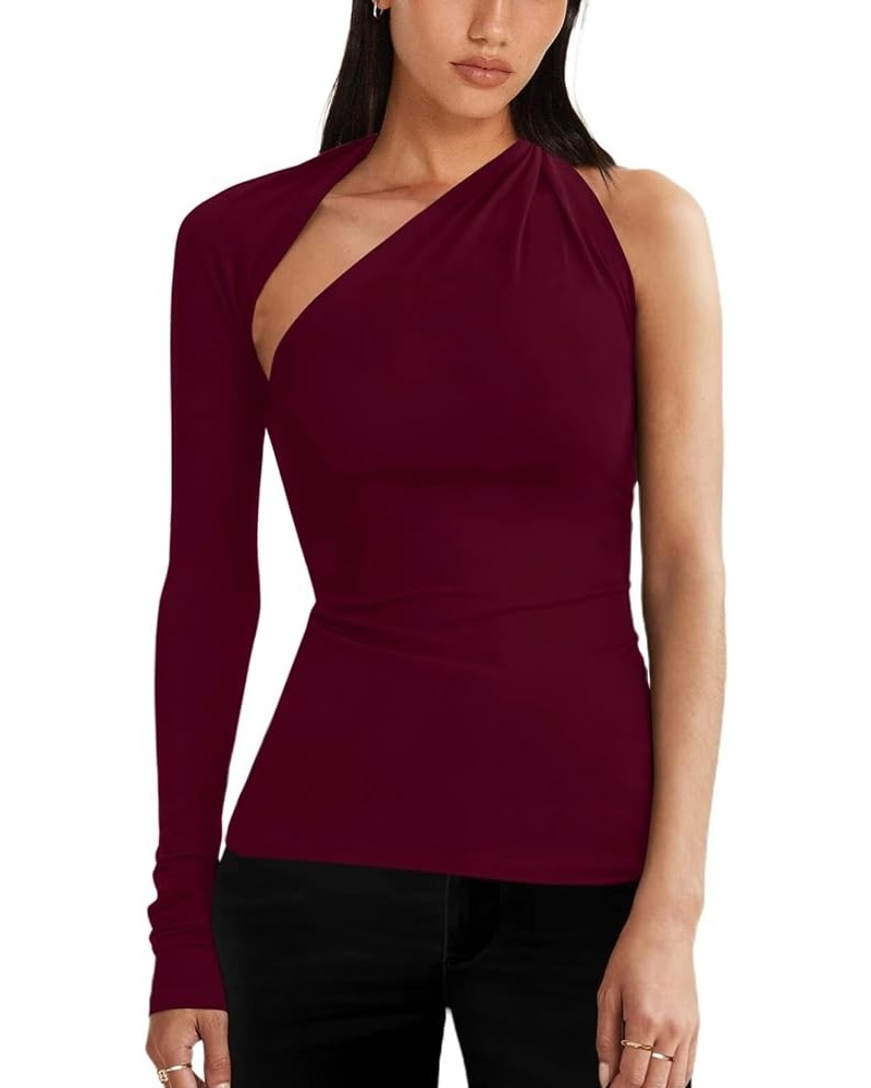 One Shoulder Tops for Women Asymmetrical Cut Out Long Sleeve Top Shirt Burgundy $14.74 Blouses