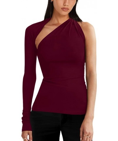 One Shoulder Tops for Women Asymmetrical Cut Out Long Sleeve Top Shirt Burgundy $14.74 Blouses