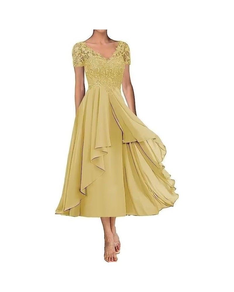 Tea Length Mother of The Bride Dresses for Wedding Lace Applique Formal Evening Party Gown for Women Gold $37.22 Dresses