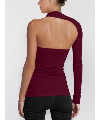 One Shoulder Tops for Women Asymmetrical Cut Out Long Sleeve Top Shirt Burgundy $14.74 Blouses