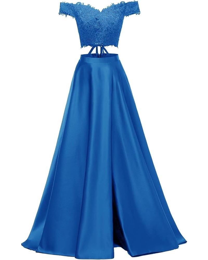 Off Shoulder Prom Dresses 2024 Long Two Piece Lace Satin Slit Formal Evening Dresses for Women Dark Blue $45.12 Dresses