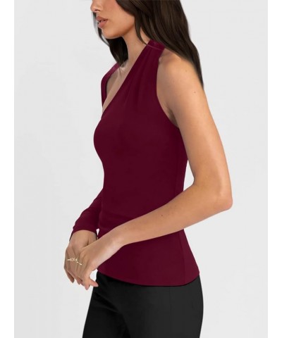 One Shoulder Tops for Women Asymmetrical Cut Out Long Sleeve Top Shirt Burgundy $14.74 Blouses