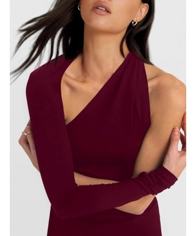 One Shoulder Tops for Women Asymmetrical Cut Out Long Sleeve Top Shirt Burgundy $14.74 Blouses