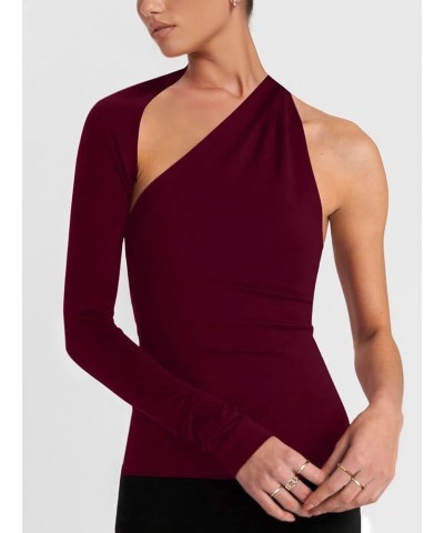 One Shoulder Tops for Women Asymmetrical Cut Out Long Sleeve Top Shirt Burgundy $14.74 Blouses