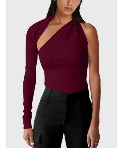 One Shoulder Tops for Women Asymmetrical Cut Out Long Sleeve Top Shirt Burgundy $14.74 Blouses