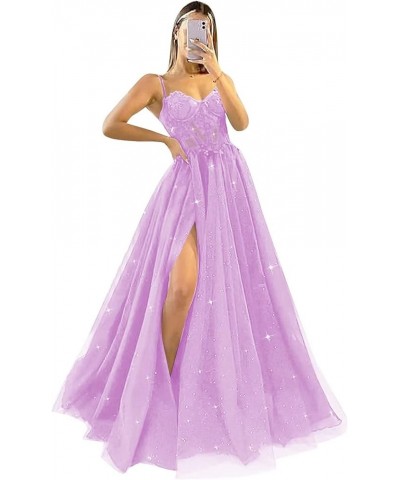 Spaghetti Straps Glitter Prom Dresses Sweetheart Tulle Ball Gown with Slit Lace Appliques Formal Evening Dress Lilac $41.60 D...