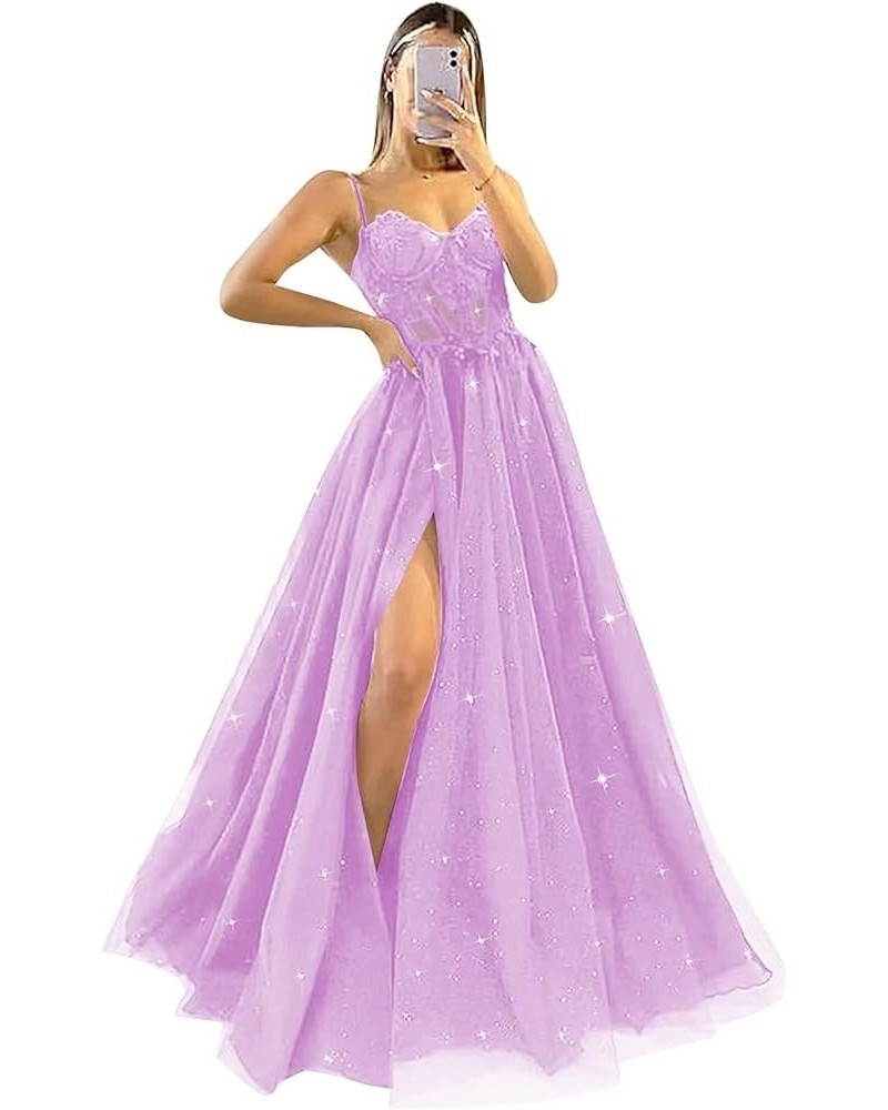 Spaghetti Straps Glitter Prom Dresses Sweetheart Tulle Ball Gown with Slit Lace Appliques Formal Evening Dress Lilac $41.60 D...