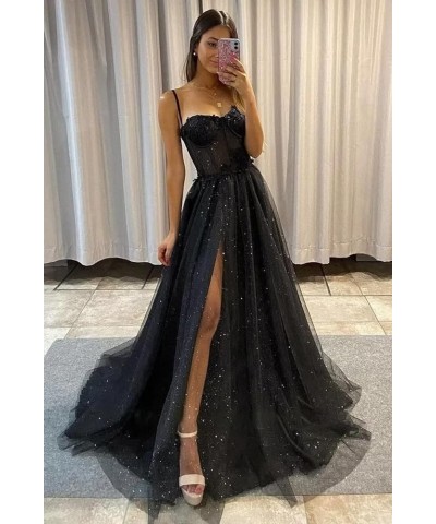 Spaghetti Straps Glitter Prom Dresses Sweetheart Tulle Ball Gown with Slit Lace Appliques Formal Evening Dress Lilac $41.60 D...