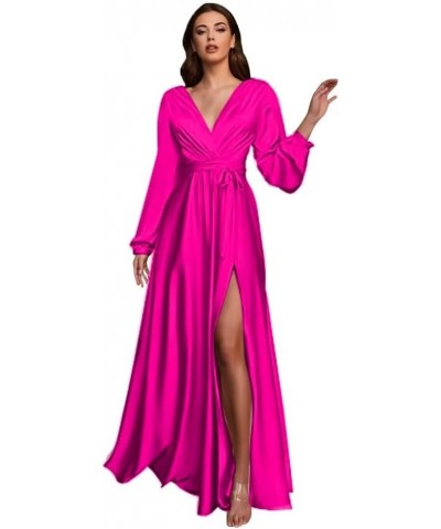 Women's Long Sleeve Bridesmaid Dresses for Wedding V-Neck Satin Formal Dress Evening Gowns with Slit Hot Pink $27.94 Dresses