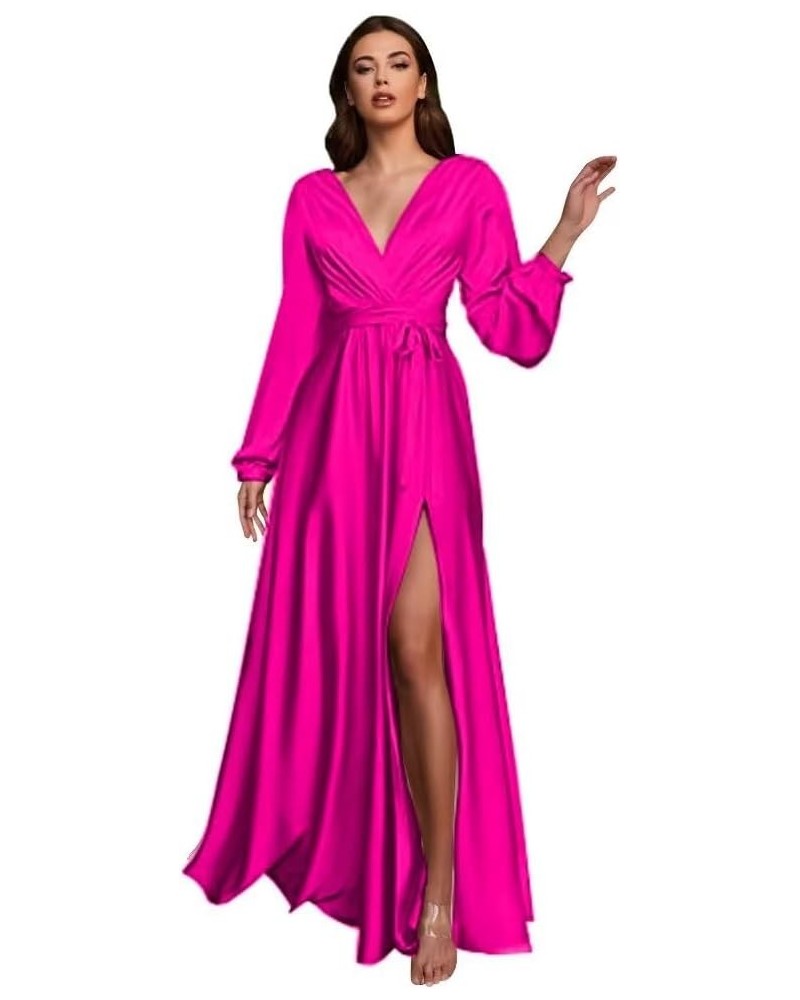 Women's Long Sleeve Bridesmaid Dresses for Wedding V-Neck Satin Formal Dress Evening Gowns with Slit Hot Pink $27.94 Dresses