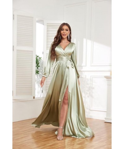 Women's Long Sleeve Bridesmaid Dresses for Wedding V-Neck Satin Formal Dress Evening Gowns with Slit Hot Pink $27.94 Dresses