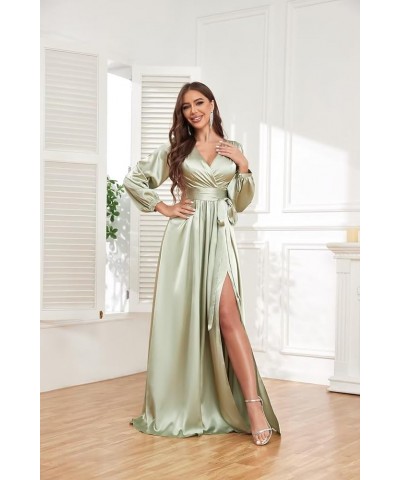 Women's Long Sleeve Bridesmaid Dresses for Wedding V-Neck Satin Formal Dress Evening Gowns with Slit Hot Pink $27.94 Dresses