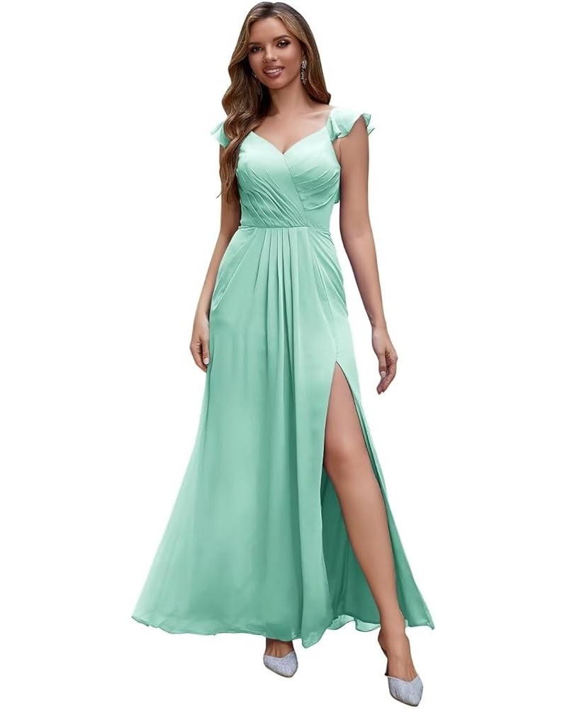 Women's Ruffle Sleeves Bridesmaid Dresses Long with Slit V Neck Chiffon Pleated Formal Wedding Evening Prom Gown Mint $24.16 ...