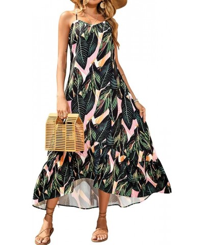 Women Casual Summer Dresses 2024 Spaghetti Strap Sleeveless Sundress Print Ruffle Flowy Boho Beach Long Maxi Dress Print Leaf...