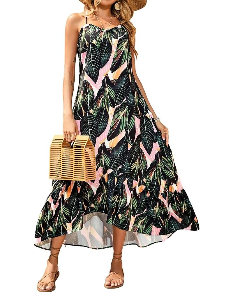 Women Casual Summer Dresses 2024 Spaghetti Strap Sleeveless Sundress Print Ruffle Flowy Boho Beach Long Maxi Dress Print Leaf...