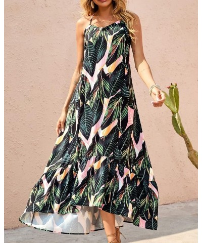 Women Casual Summer Dresses 2024 Spaghetti Strap Sleeveless Sundress Print Ruffle Flowy Boho Beach Long Maxi Dress Print Leaf...