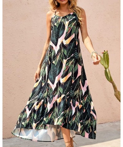 Women Casual Summer Dresses 2024 Spaghetti Strap Sleeveless Sundress Print Ruffle Flowy Boho Beach Long Maxi Dress Print Leaf...