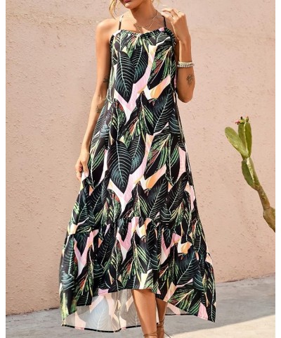 Women Casual Summer Dresses 2024 Spaghetti Strap Sleeveless Sundress Print Ruffle Flowy Boho Beach Long Maxi Dress Print Leaf...