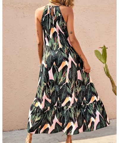 Women Casual Summer Dresses 2024 Spaghetti Strap Sleeveless Sundress Print Ruffle Flowy Boho Beach Long Maxi Dress Print Leaf...