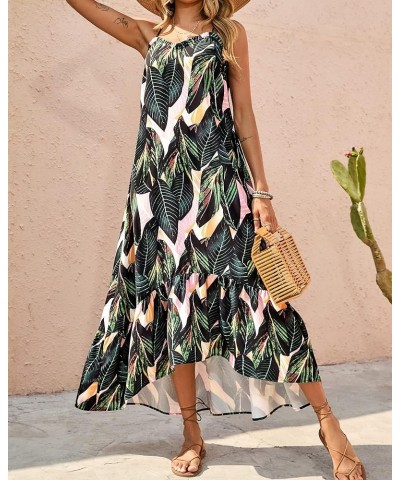 Women Casual Summer Dresses 2024 Spaghetti Strap Sleeveless Sundress Print Ruffle Flowy Boho Beach Long Maxi Dress Print Leaf...