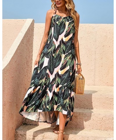 Women Casual Summer Dresses 2024 Spaghetti Strap Sleeveless Sundress Print Ruffle Flowy Boho Beach Long Maxi Dress Print Leaf...