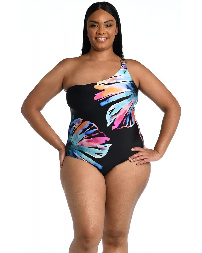 Womens Shoulder Cut Out One Piece Swimsuit, Black Prism Palm, 18 Plus $32.53 Swimsuits