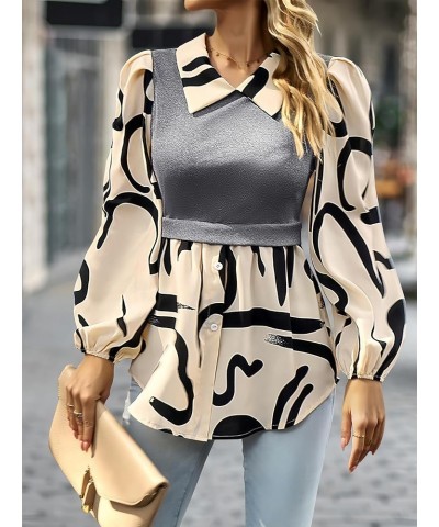 Women's Patchwork Button Down Shirt Long Sleeve Collared 2 in 1 Style Ribbed Pullover Peplum Tops Blouse 1 Grey $12.50 Tops