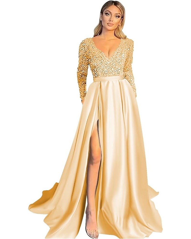 Women's Sparkly Sequin Prom Ball Gown with Pockets Long Sleeve Satin Formal Evening Dress with Slit YZTS055 A-gold $34.85 Dre...