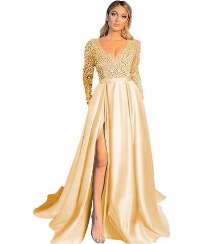 Women's Sparkly Sequin Prom Ball Gown with Pockets Long Sleeve Satin Formal Evening Dress with Slit YZTS055 A-gold $34.85 Dre...