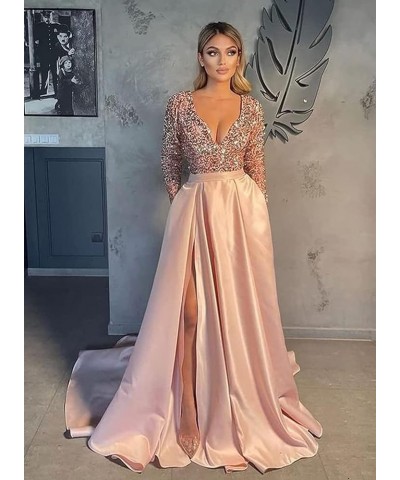 Women's Sparkly Sequin Prom Ball Gown with Pockets Long Sleeve Satin Formal Evening Dress with Slit YZTS055 A-gold $34.85 Dre...