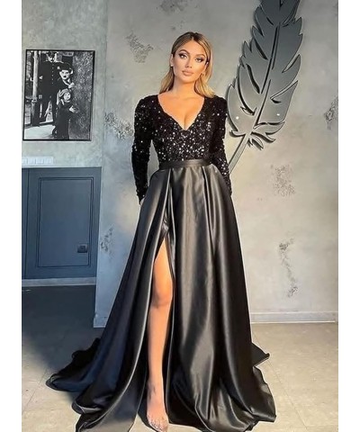 Women's Sparkly Sequin Prom Ball Gown with Pockets Long Sleeve Satin Formal Evening Dress with Slit YZTS055 A-gold $34.85 Dre...