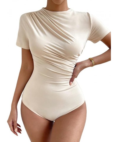 Women's Casual Short Sleeve Mock Neck Ruched Bodysuit Shirt Top Beige $13.72 Bodysuits