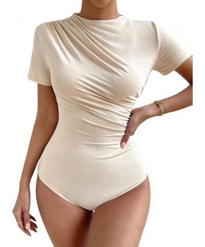 Women's Casual Short Sleeve Mock Neck Ruched Bodysuit Shirt Top Beige $13.72 Bodysuits