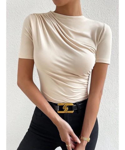 Women's Casual Short Sleeve Mock Neck Ruched Bodysuit Shirt Top Beige $13.72 Bodysuits