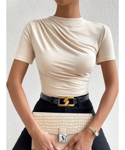 Women's Casual Short Sleeve Mock Neck Ruched Bodysuit Shirt Top Beige $13.72 Bodysuits