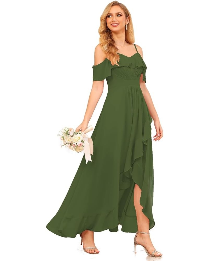 High Low Chiffon Bridesmaid Dress with Slit A Line Off The Shoulder Ruffle Bridesmaid Dresses Long for Women WD090 Olive Gree...