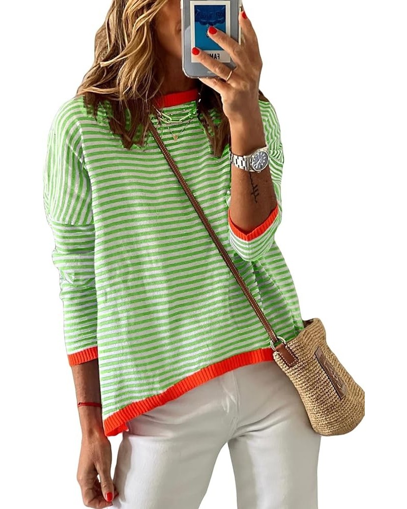 Women’s Fall Striped Sweaters Cotton Color Block Long Sleeve Casual Knitted Pullover Jumper Tops Green $11.99 Sweaters