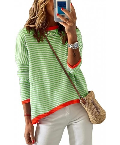 Women’s Fall Striped Sweaters Cotton Color Block Long Sleeve Casual Knitted Pullover Jumper Tops Green $11.99 Sweaters