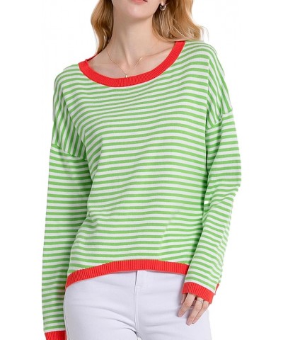 Women’s Fall Striped Sweaters Cotton Color Block Long Sleeve Casual Knitted Pullover Jumper Tops Green $11.99 Sweaters