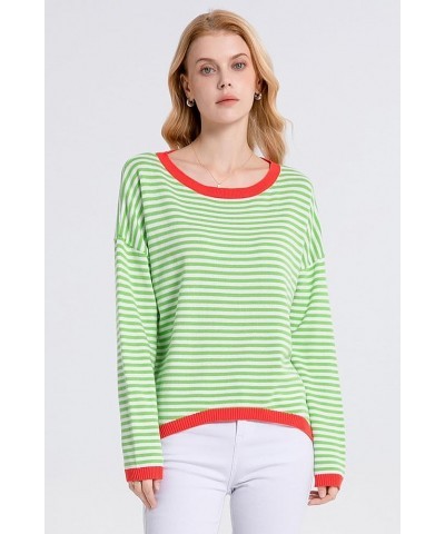 Women’s Fall Striped Sweaters Cotton Color Block Long Sleeve Casual Knitted Pullover Jumper Tops Green $11.99 Sweaters