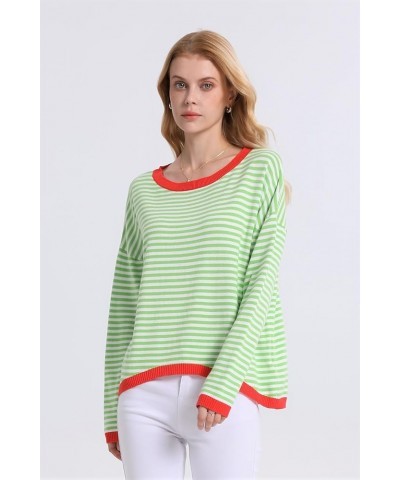 Women’s Fall Striped Sweaters Cotton Color Block Long Sleeve Casual Knitted Pullover Jumper Tops Green $11.99 Sweaters