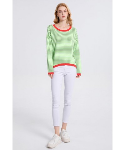 Women’s Fall Striped Sweaters Cotton Color Block Long Sleeve Casual Knitted Pullover Jumper Tops Green $11.99 Sweaters