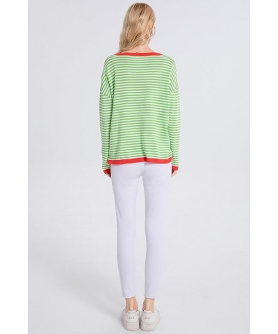 Women’s Fall Striped Sweaters Cotton Color Block Long Sleeve Casual Knitted Pullover Jumper Tops Green $11.99 Sweaters