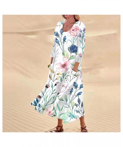 Vacation Dresses for Women Soft 3/4 Sleeve Floaty Popular Loose Linen Comfort Flower Print Women Dresses 23 Blue $13.75 Activ...