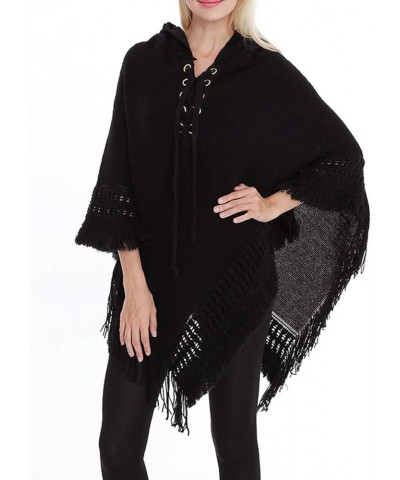 Women Fringed Lace Up Hooded Poncho Pullover Cardigan Soft Wrap for Winter Season Black $14.80 Sweaters