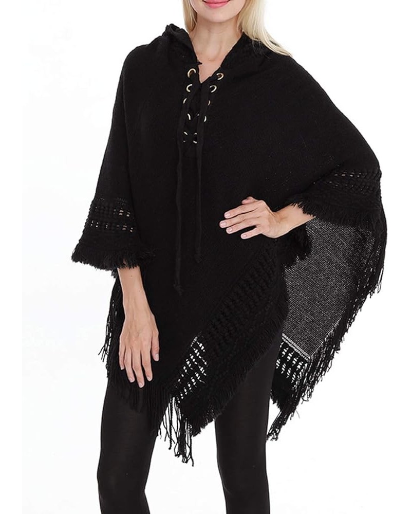 Women Fringed Lace Up Hooded Poncho Pullover Cardigan Soft Wrap for Winter Season Black $14.80 Sweaters