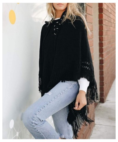 Women Fringed Lace Up Hooded Poncho Pullover Cardigan Soft Wrap for Winter Season Black $14.80 Sweaters