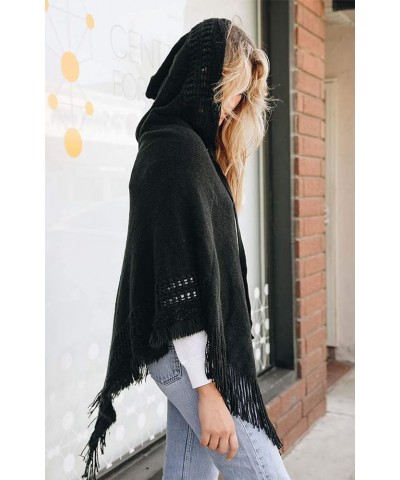 Women Fringed Lace Up Hooded Poncho Pullover Cardigan Soft Wrap for Winter Season Black $14.80 Sweaters