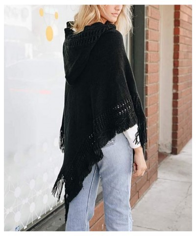 Women Fringed Lace Up Hooded Poncho Pullover Cardigan Soft Wrap for Winter Season Black $14.80 Sweaters